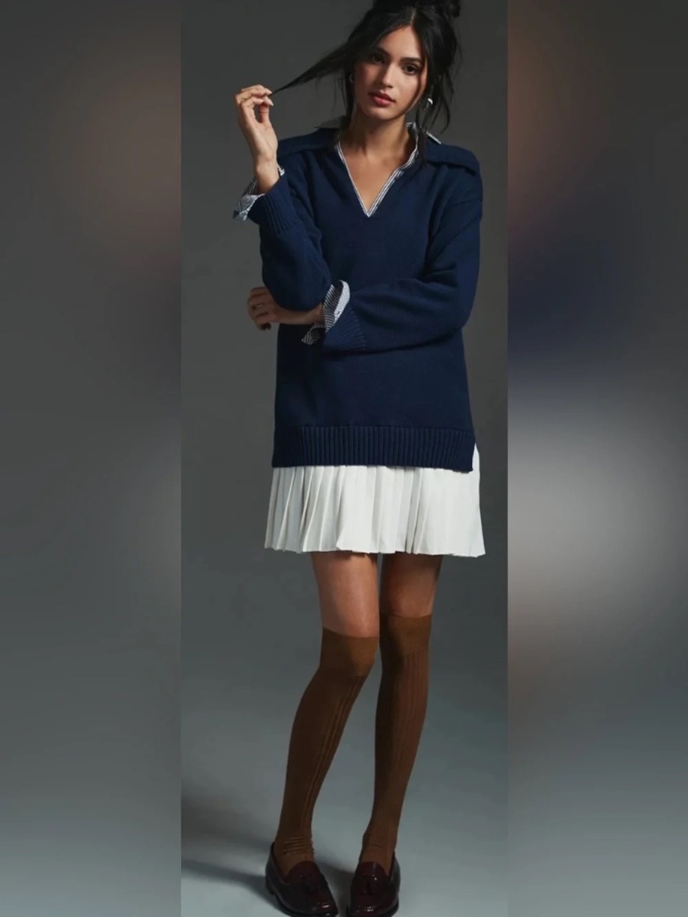 English Factory Mixed Media Sweater Dress XS Navy Pleated Mini V Neck NWT $120